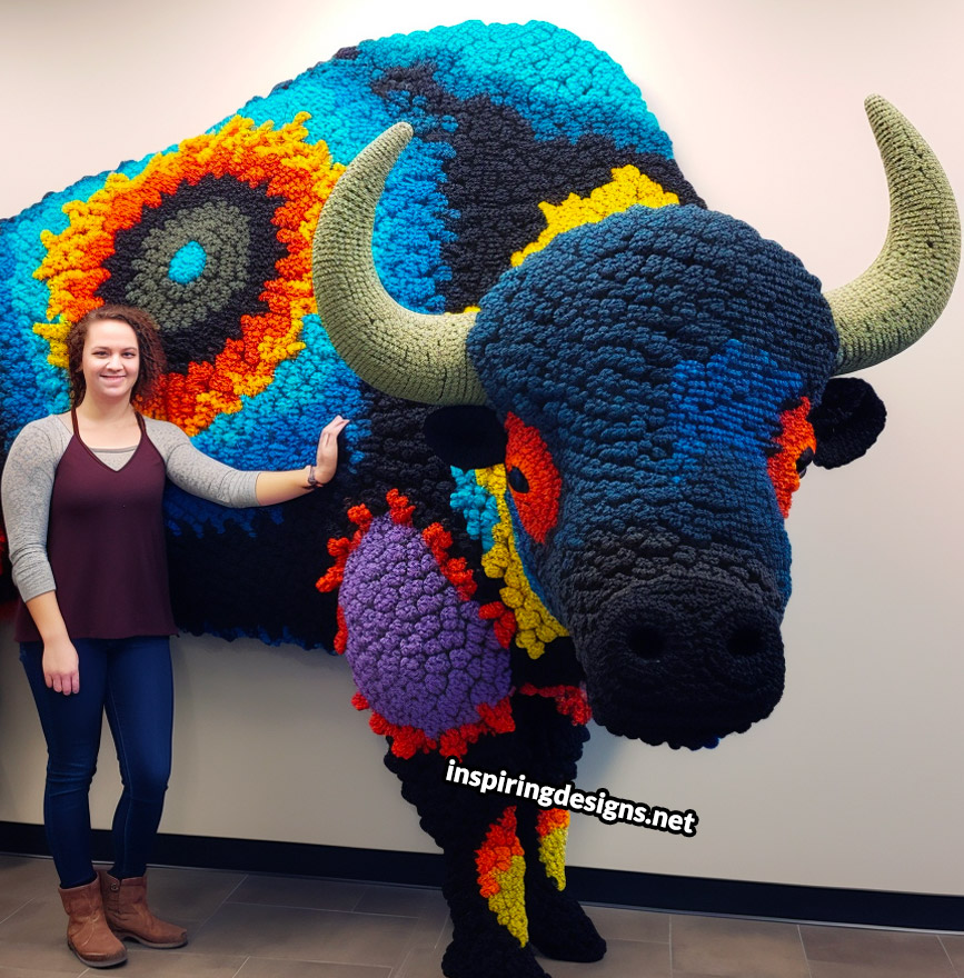 Giant life-size crochet buffalo