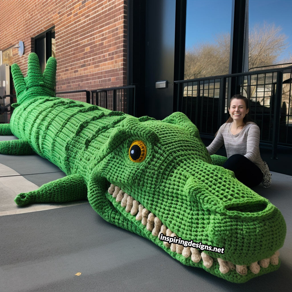 Giant life-size crochet crocodile