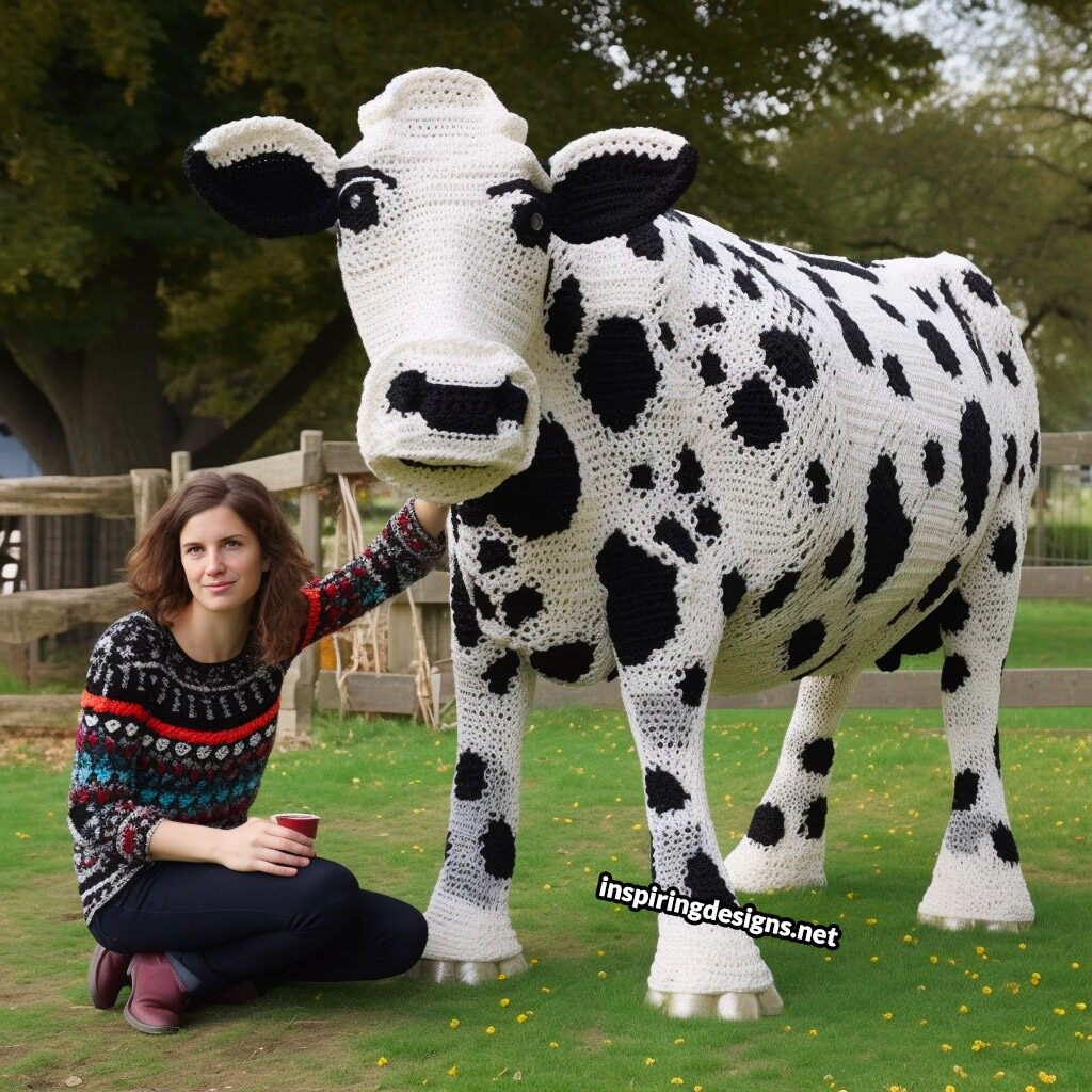 Giant life-size crochet cow