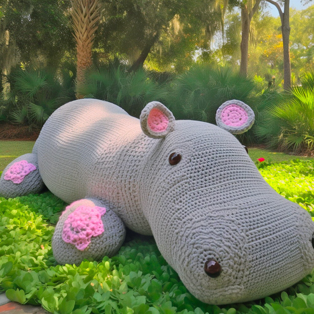 Giant life-size crochet hippo