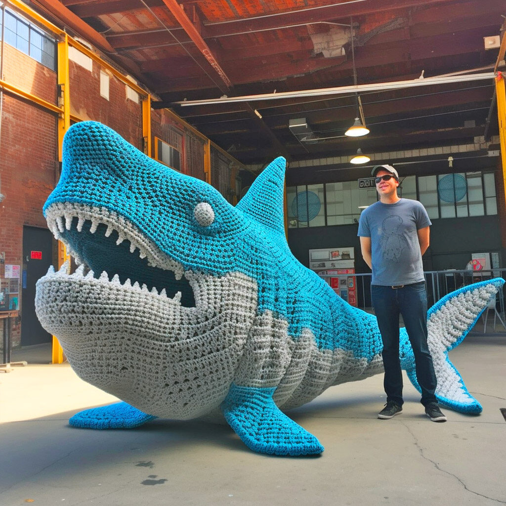 Giant life-size crochet shark