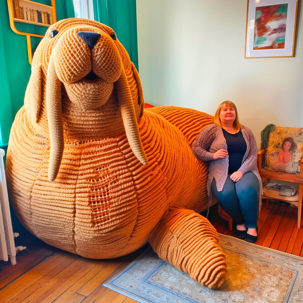 Giant life-size crochet walrus