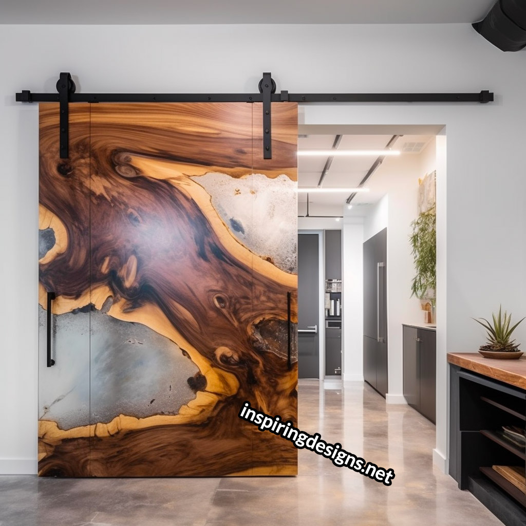 Live Edge Wooden Barn Door With Epoxy Resin Design