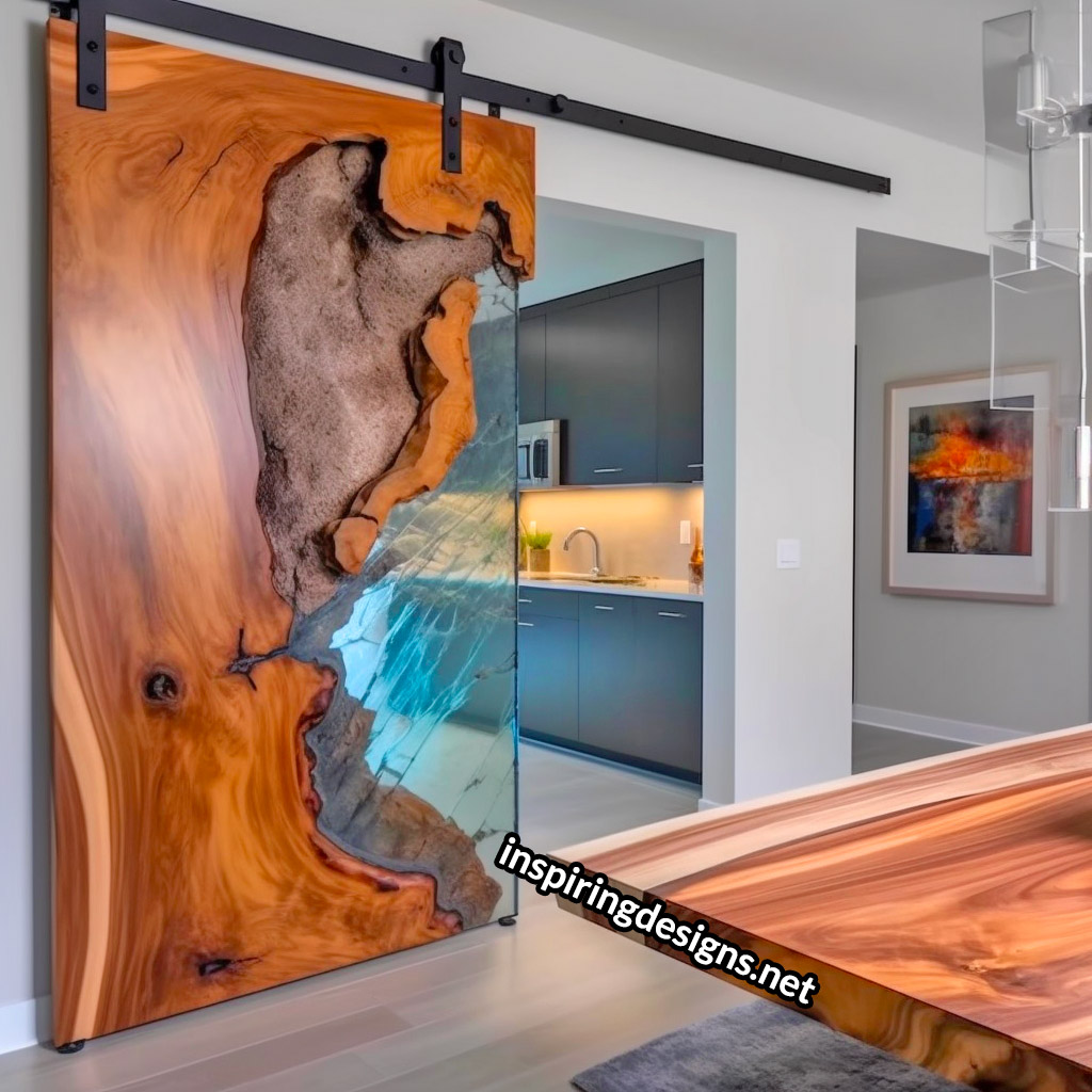 Live Edge Wooden Barn Door With Epoxy Resin Design