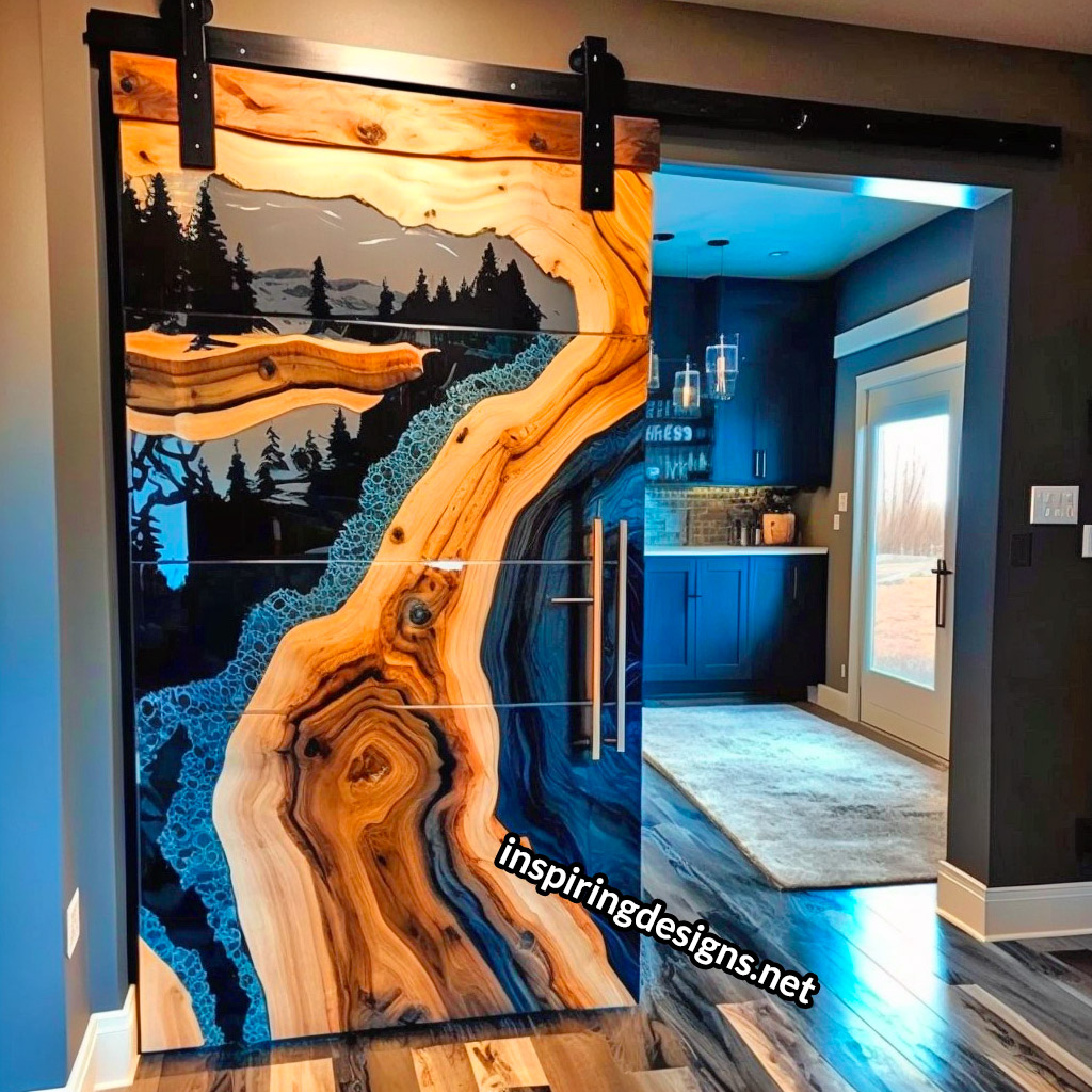 Live Edge Wooden Barn Door With Epoxy Resin Design