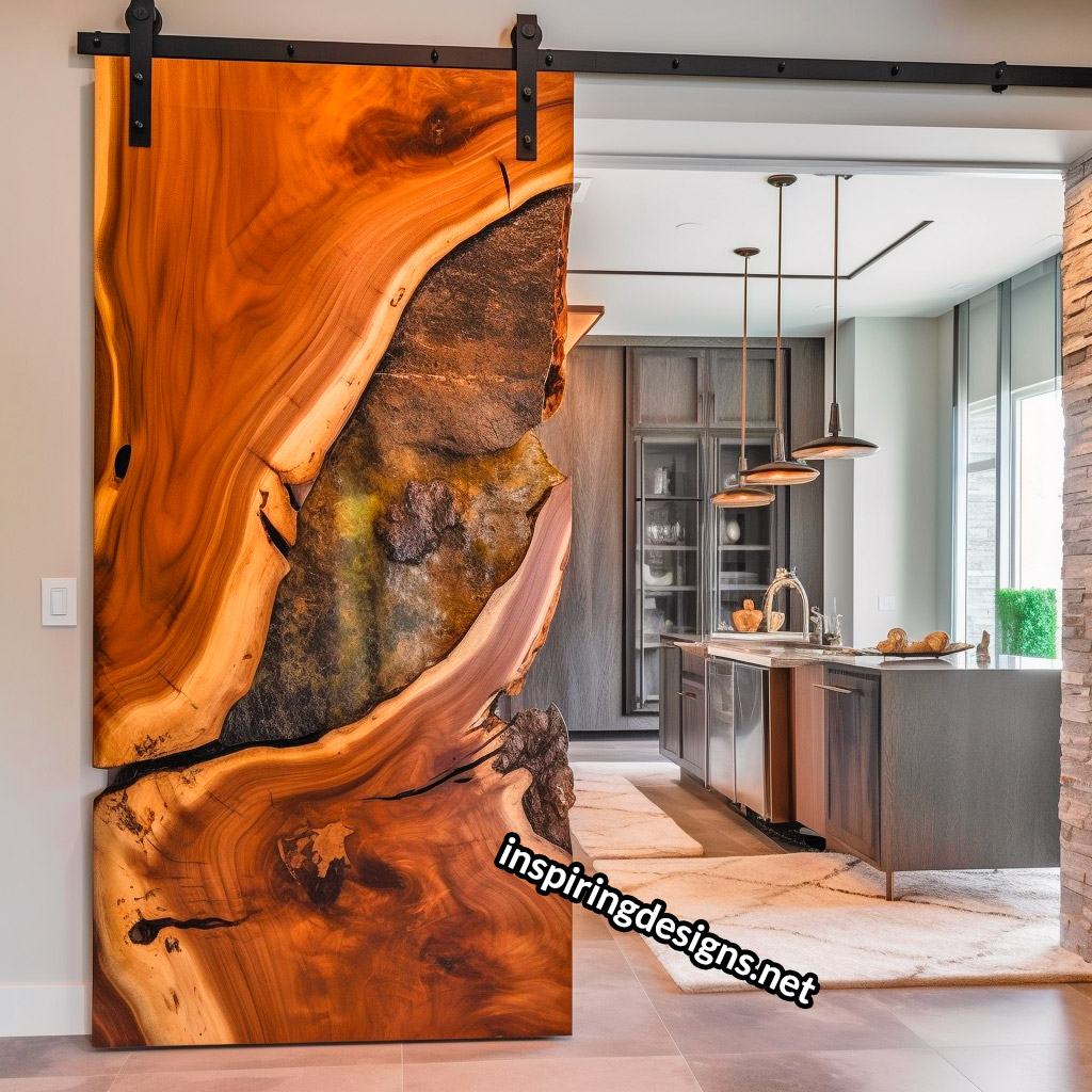 Live Edge Wooden Barn Door With Epoxy Resin Design