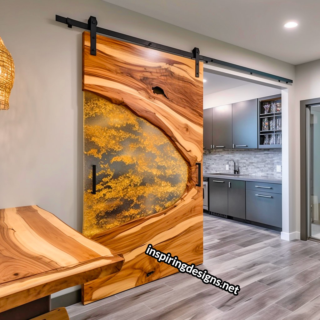 Live Edge Wooden Barn Door With Epoxy Resin Design