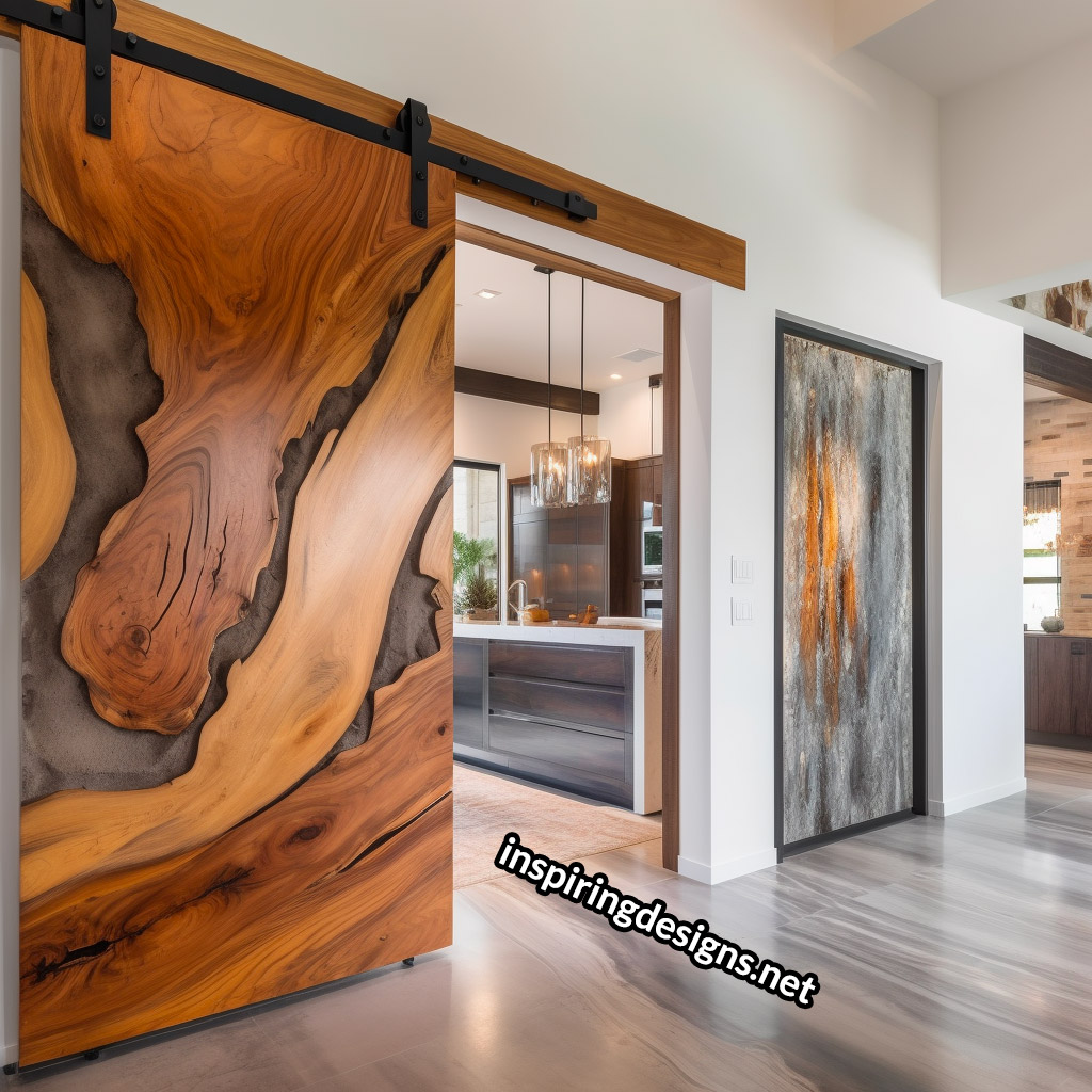 Live Edge Wooden Barn Door With Epoxy Resin Design