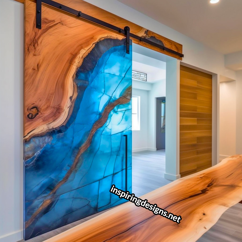 Live Edge Wooden Barn Door With Epoxy Resin Design