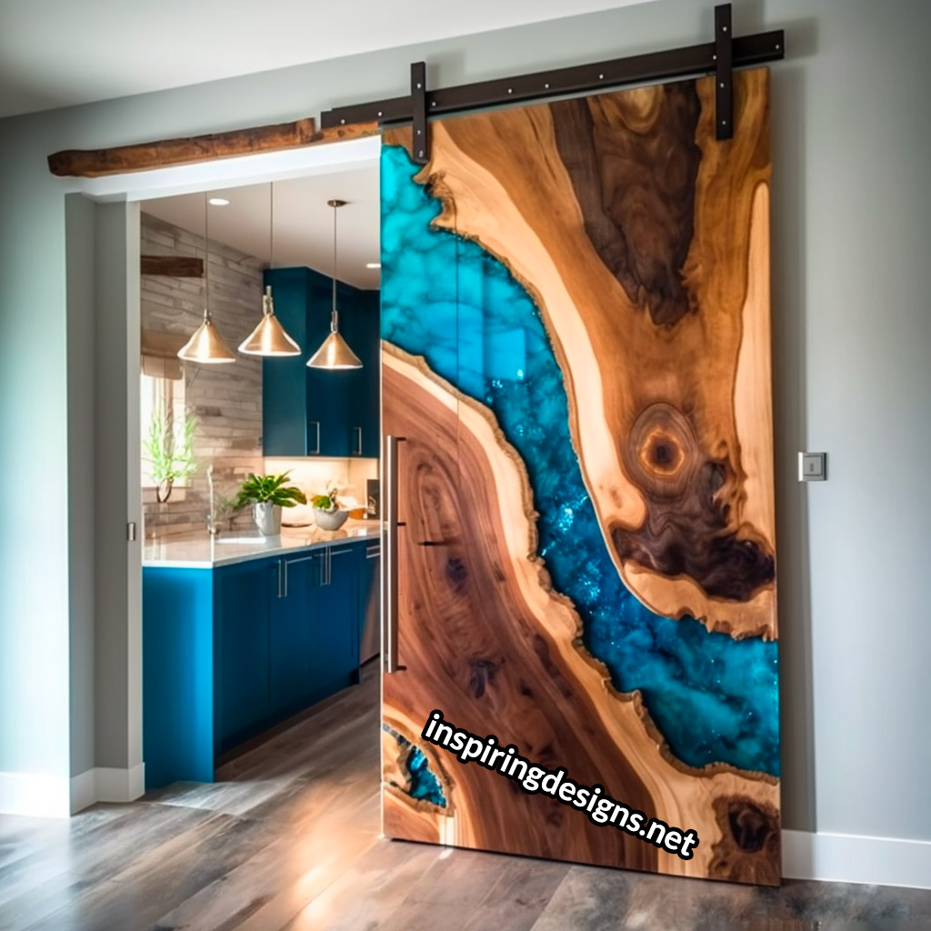 Live Edge Wooden Barn Door With Epoxy Resin Design