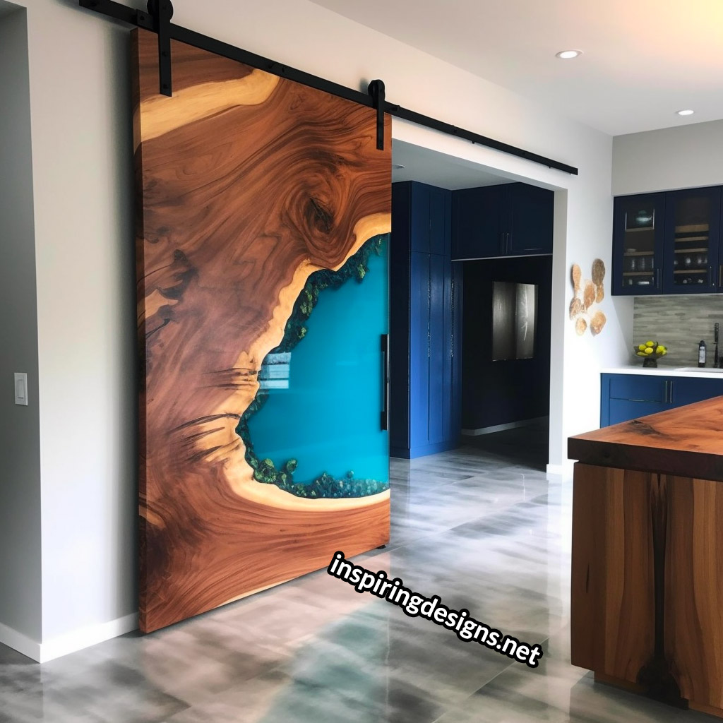 Live Edge Wooden Barn Door With Epoxy Resin Design