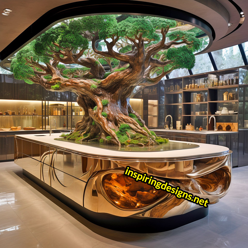 Kitchen Islands with Trees Growing From Them