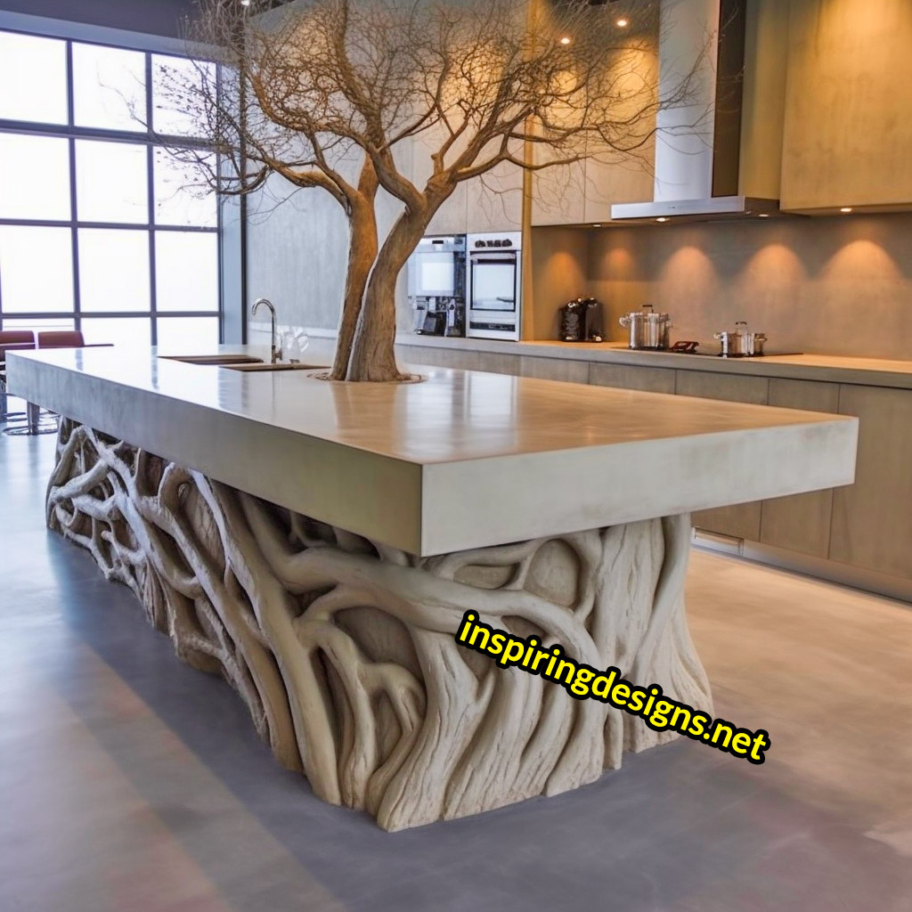 Kitchen Islands with Trees Growing From Them