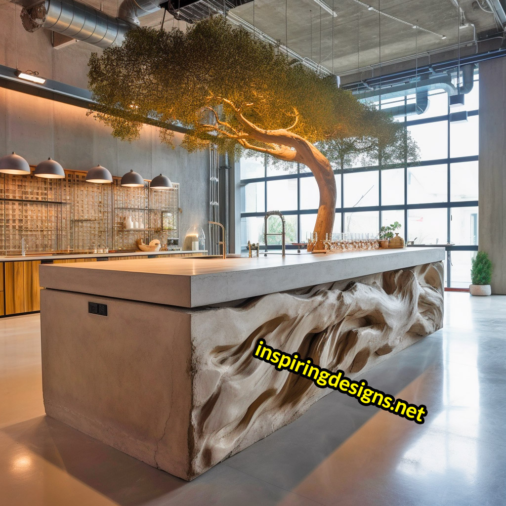 Kitchen Islands with Trees Growing From Them