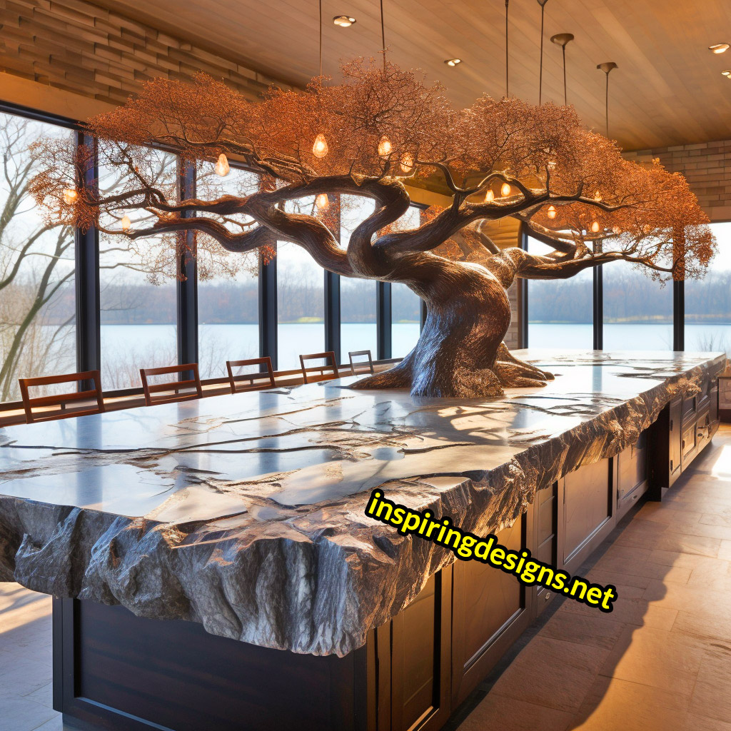 Kitchen Islands with Trees Growing From Them