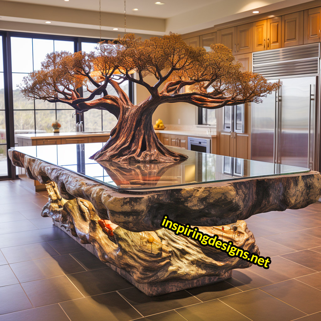 Kitchen Islands with Trees Growing From Them