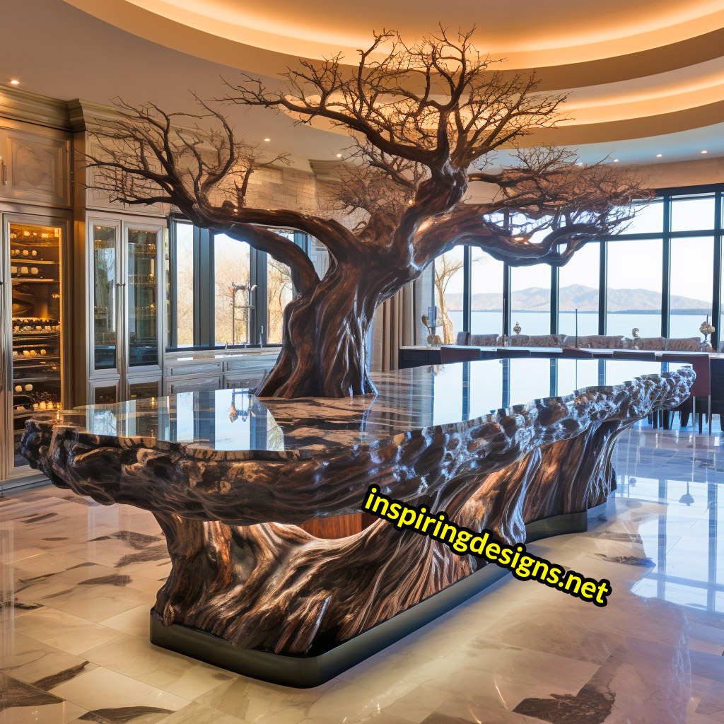 Kitchen Islands with Trees Growing From Them