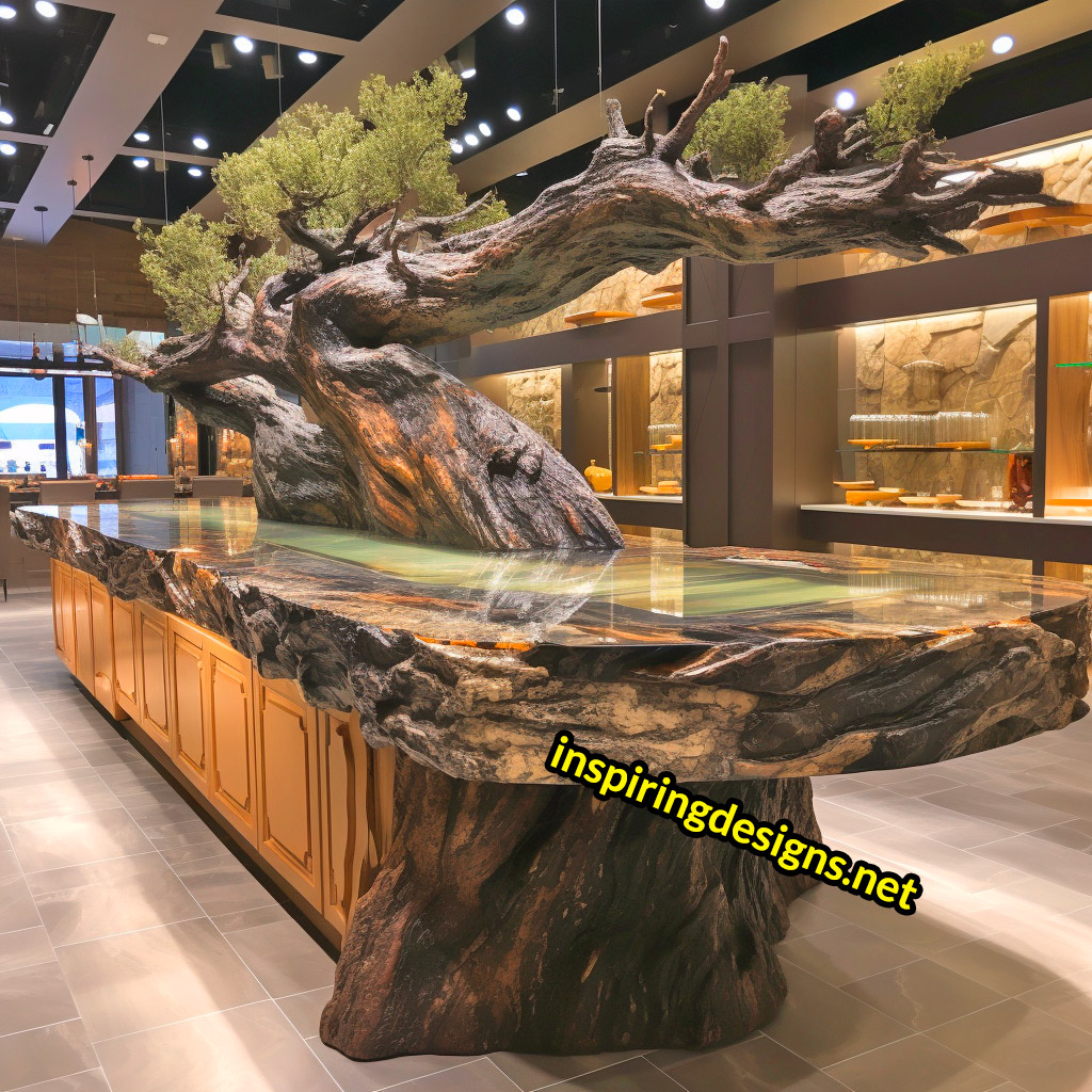 Kitchen Islands with Trees Growing From Them