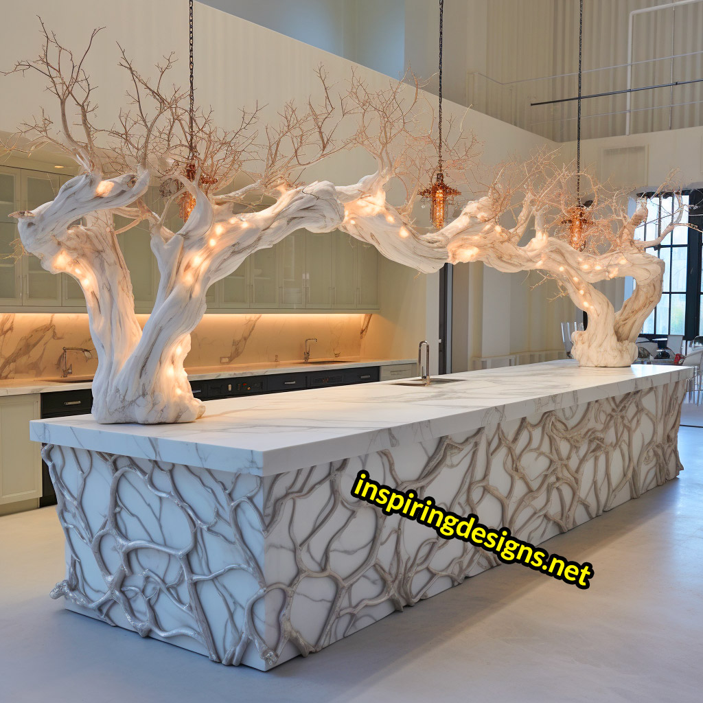 Kitchen Islands with Trees Growing From Them