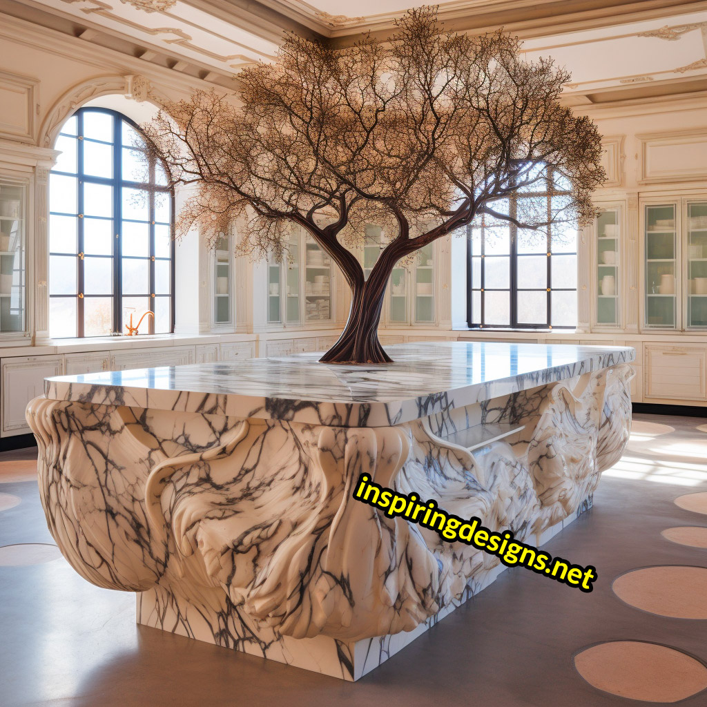 Kitchen Islands with Trees Growing From Them