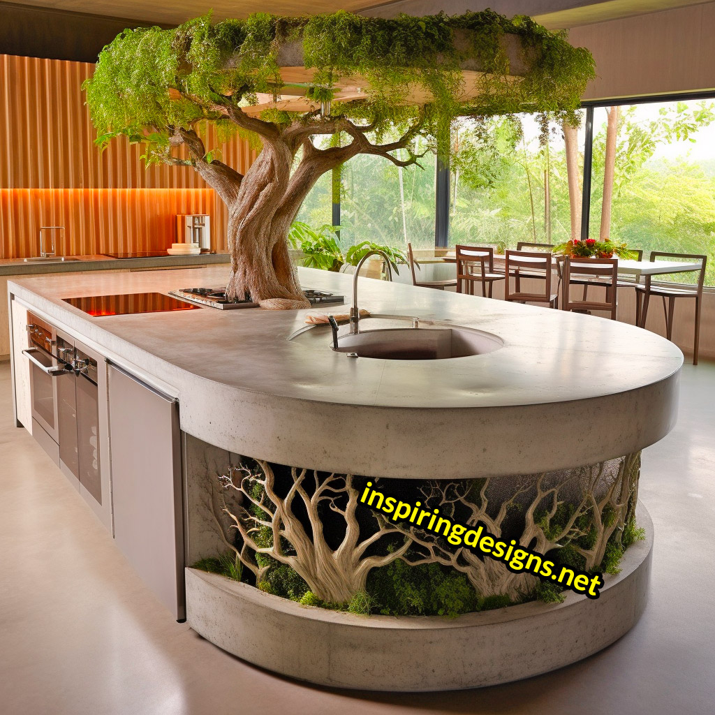 Kitchen Islands with Trees Growing From Them