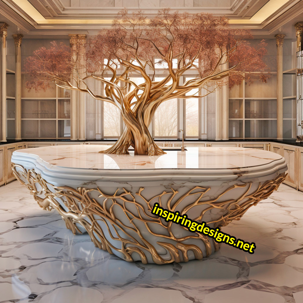 Kitchen Islands with Trees Growing From Them