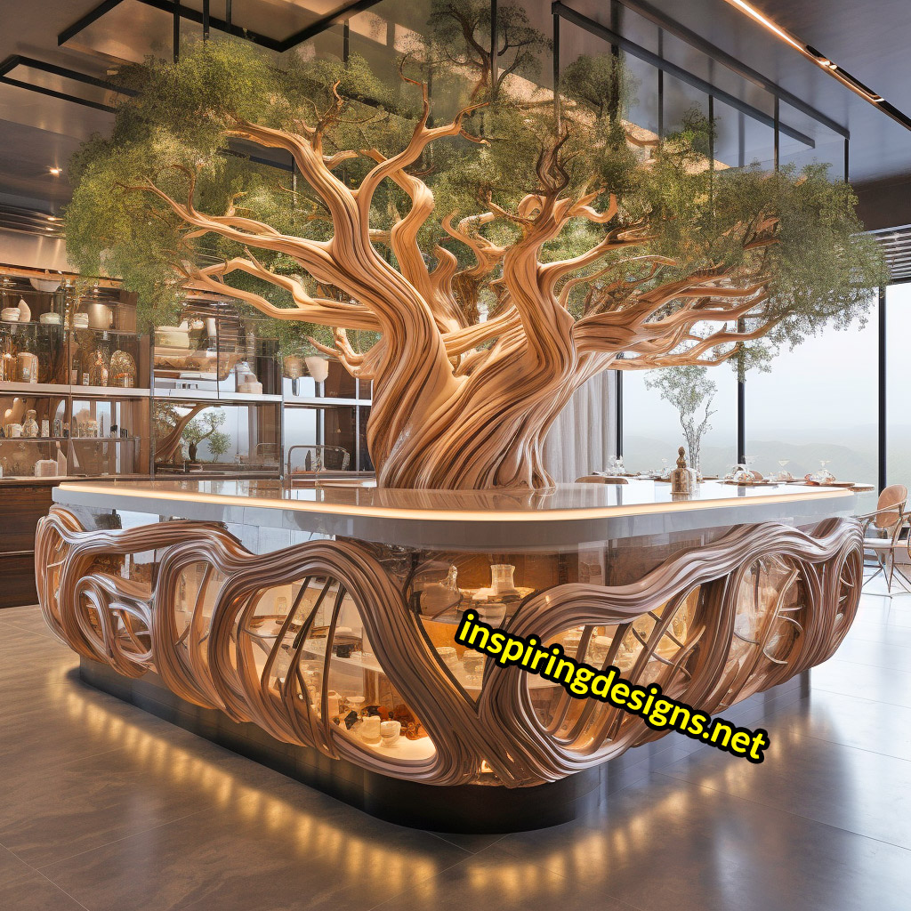 Kitchen Islands with Trees Growing From Them