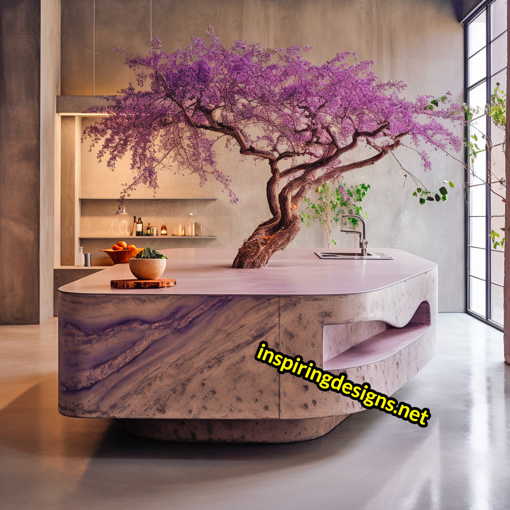 Kitchen Islands with Trees Growing From Them