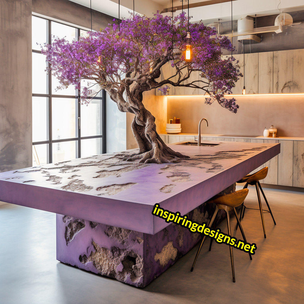 Kitchen Islands with Trees Growing From Them