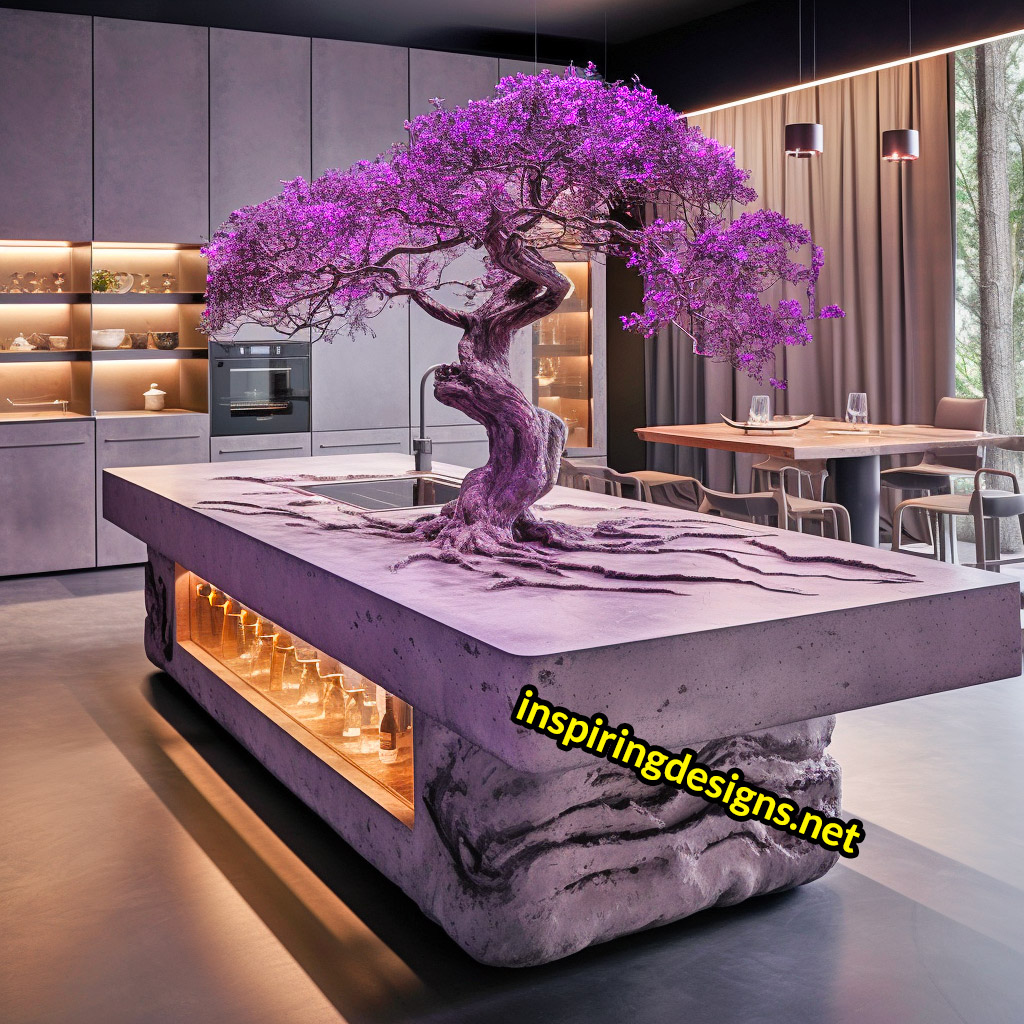 Kitchen Islands with Trees Growing From Them