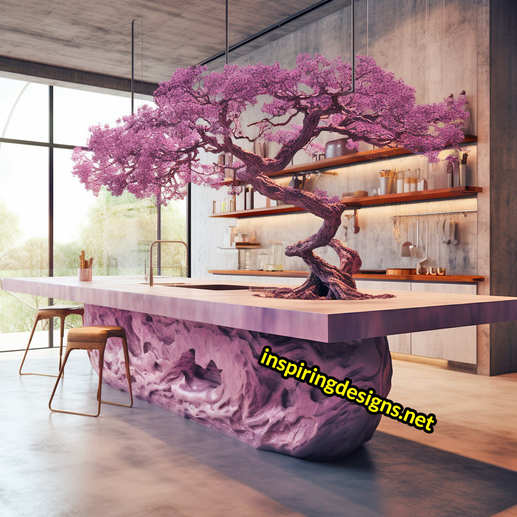 Kitchen Islands with Trees Growing From Them