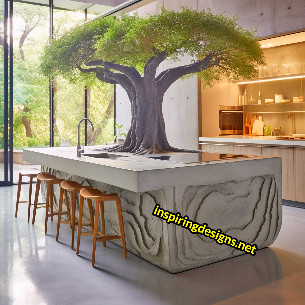 Kitchen Islands with Trees Growing From Them