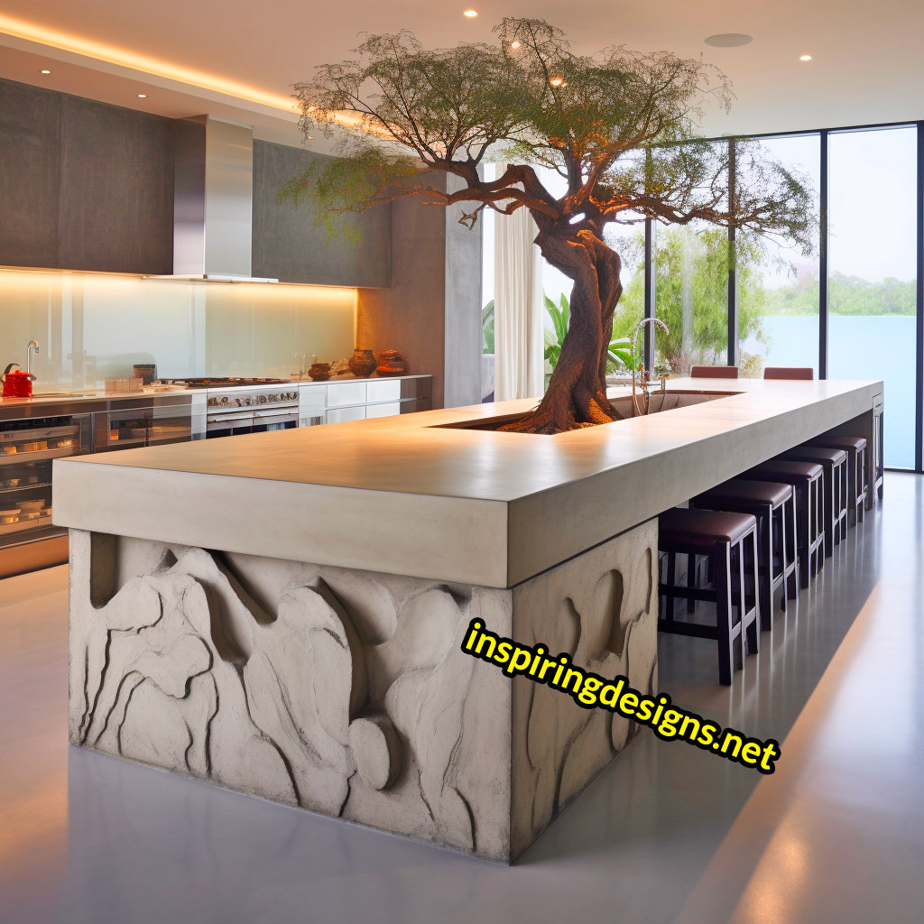 Kitchen Islands with Trees Growing From Them