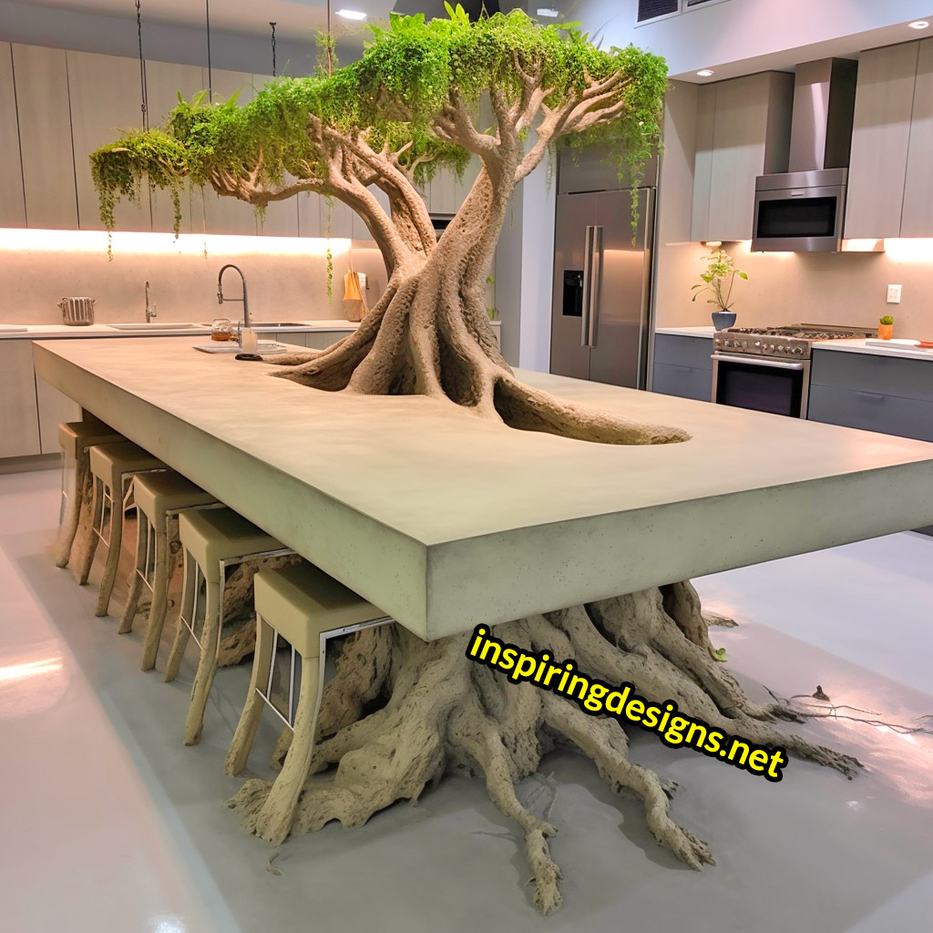 Kitchen Islands with Trees Growing From Them