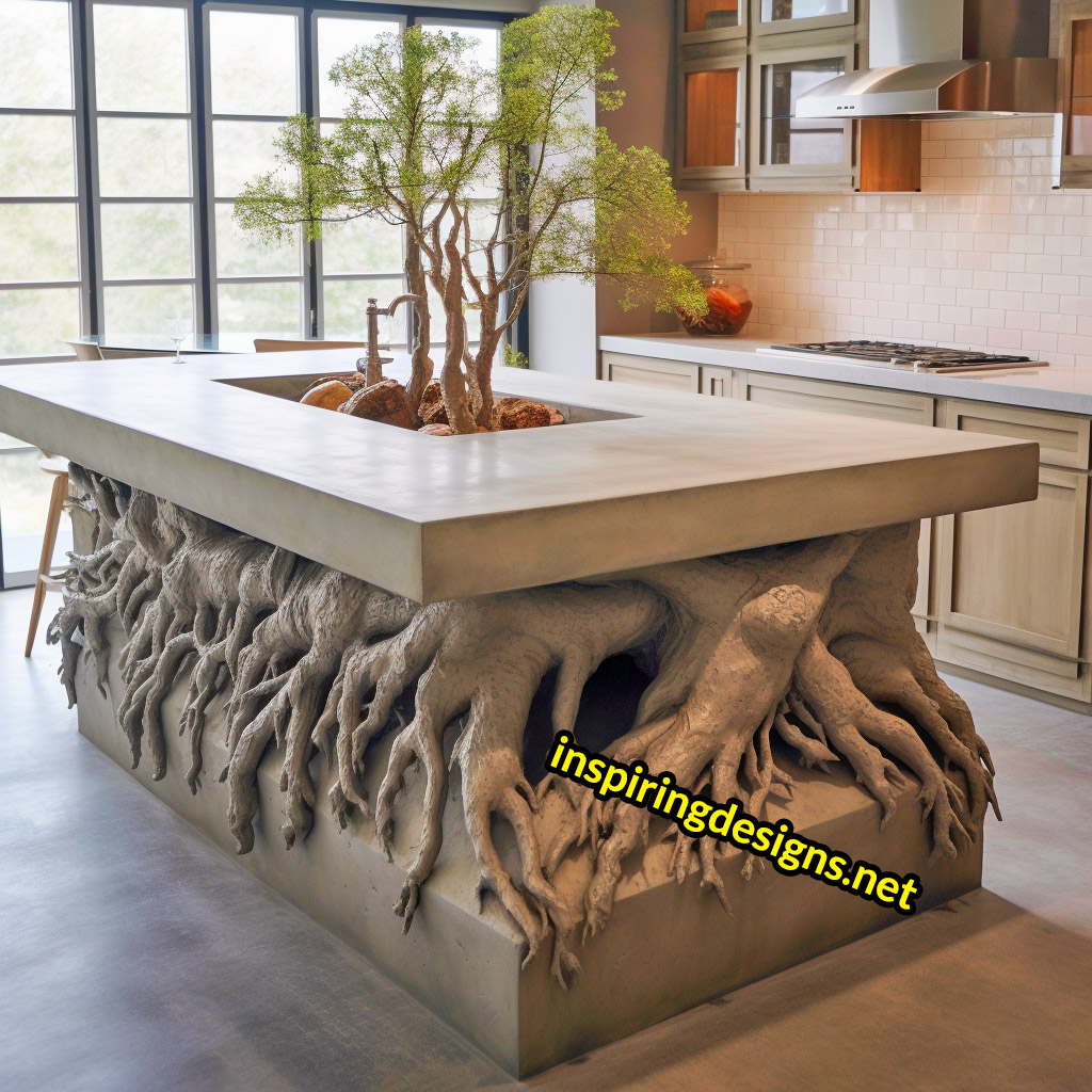 Kitchen Islands with Trees Growing From Them