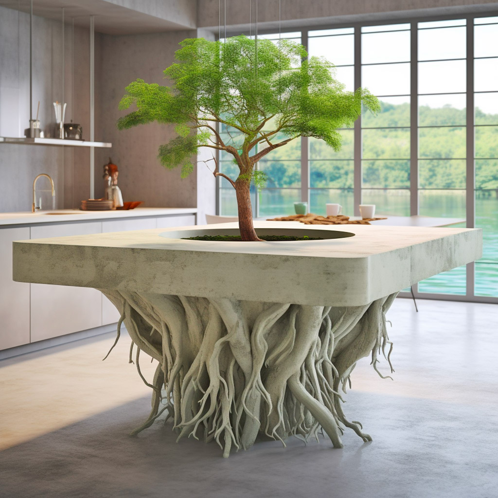 Kitchen Islands with Trees Growing From Them