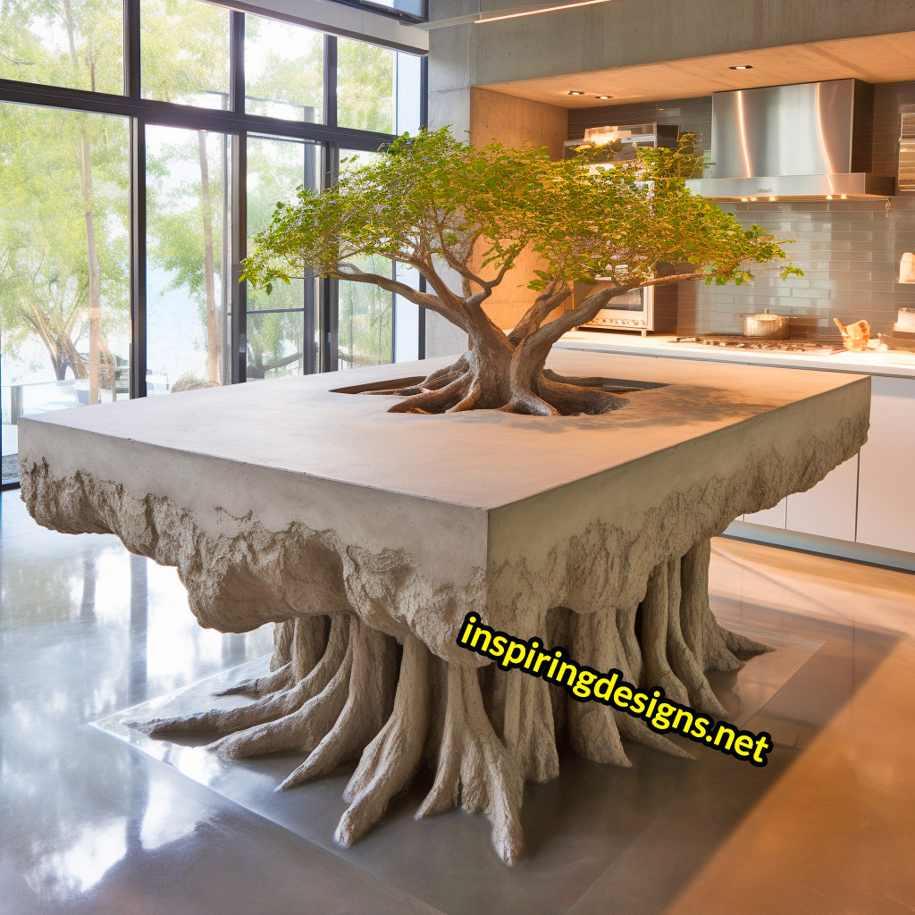 Kitchen Islands with Trees Growing From Them