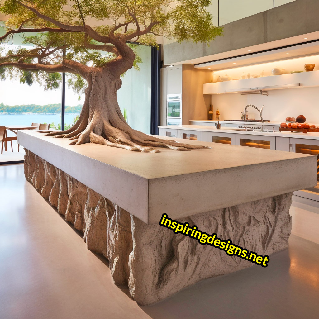 Kitchen Islands with Trees Growing From Them