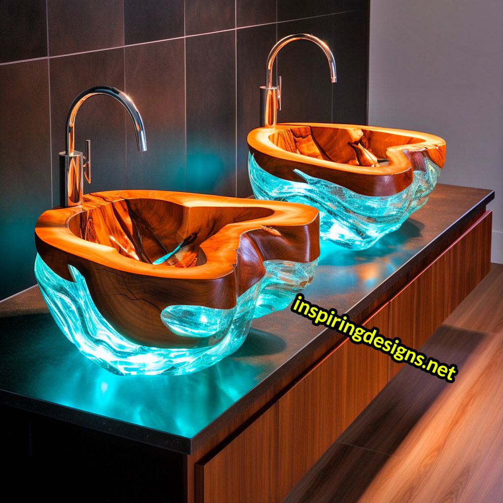 Ultra Luxury Bathroom Counters Made from Wood, Crystal, and Epoxy - Double sinks