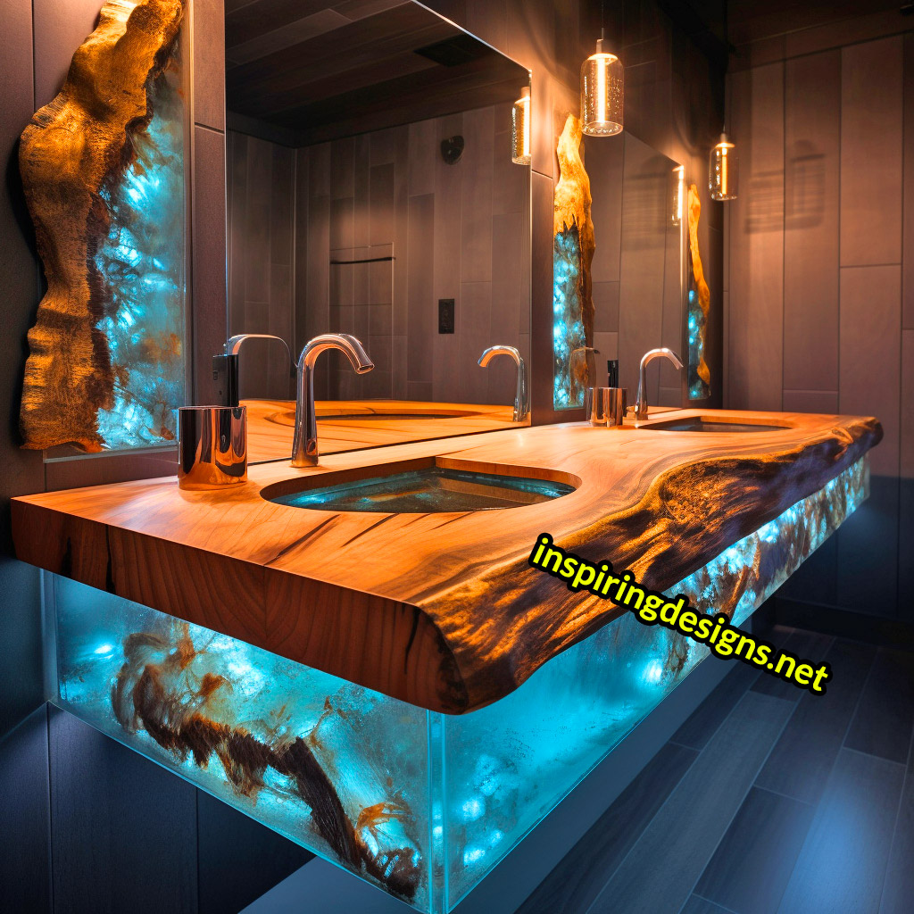 Ultra Luxury Bathroom Counters Made from Wood, Crystal, and Epoxy - Double sinks