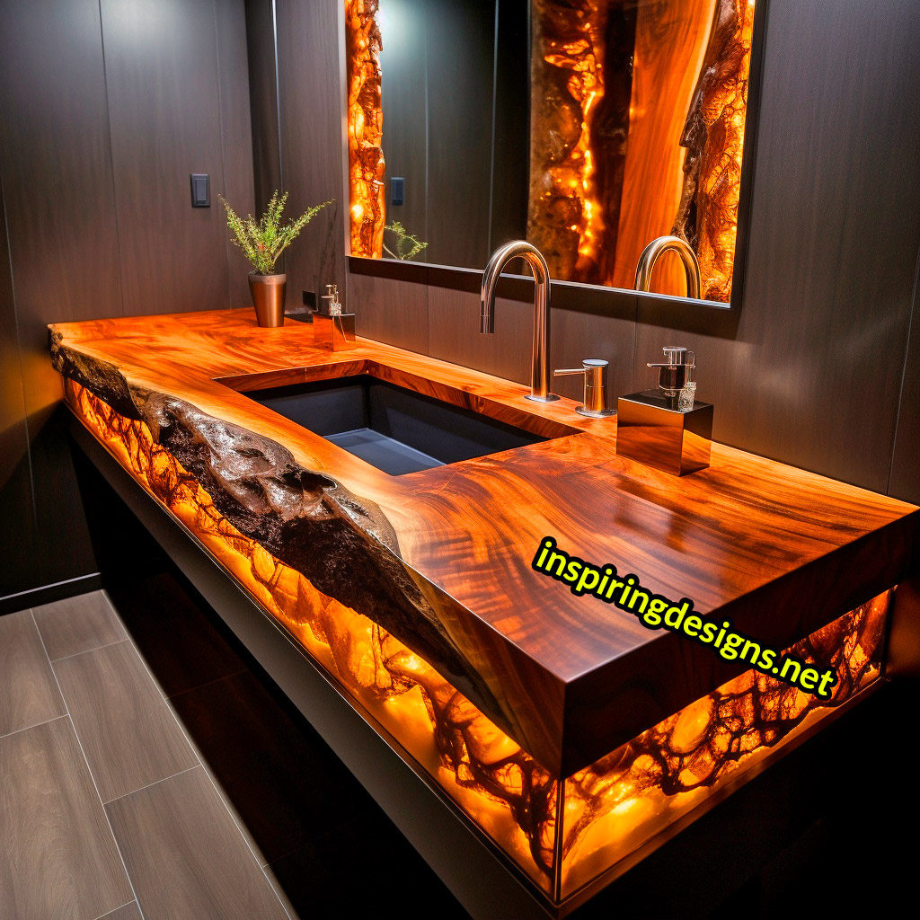 Ultra Luxury Bathroom Counters Made from Wood, Crystal, and Epoxy - Double sinks
