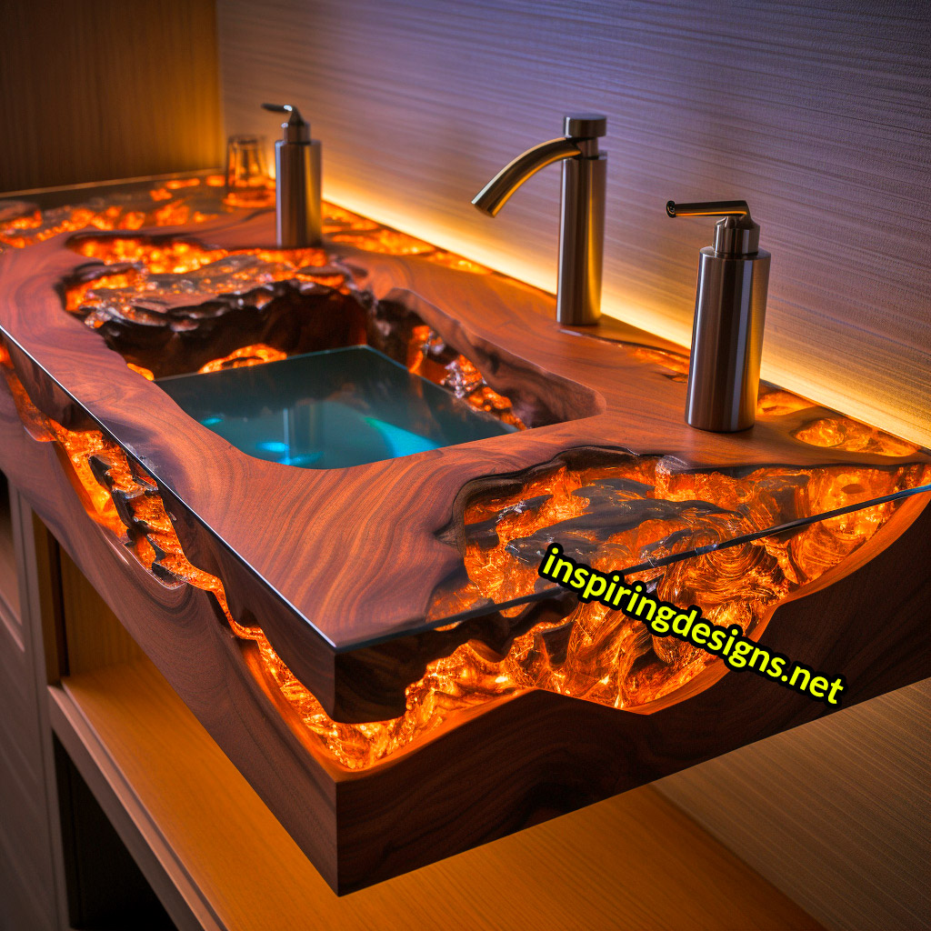 Ultra Luxury Bathroom Counters Made from Wood, Crystal, and Epoxy - Double sinks