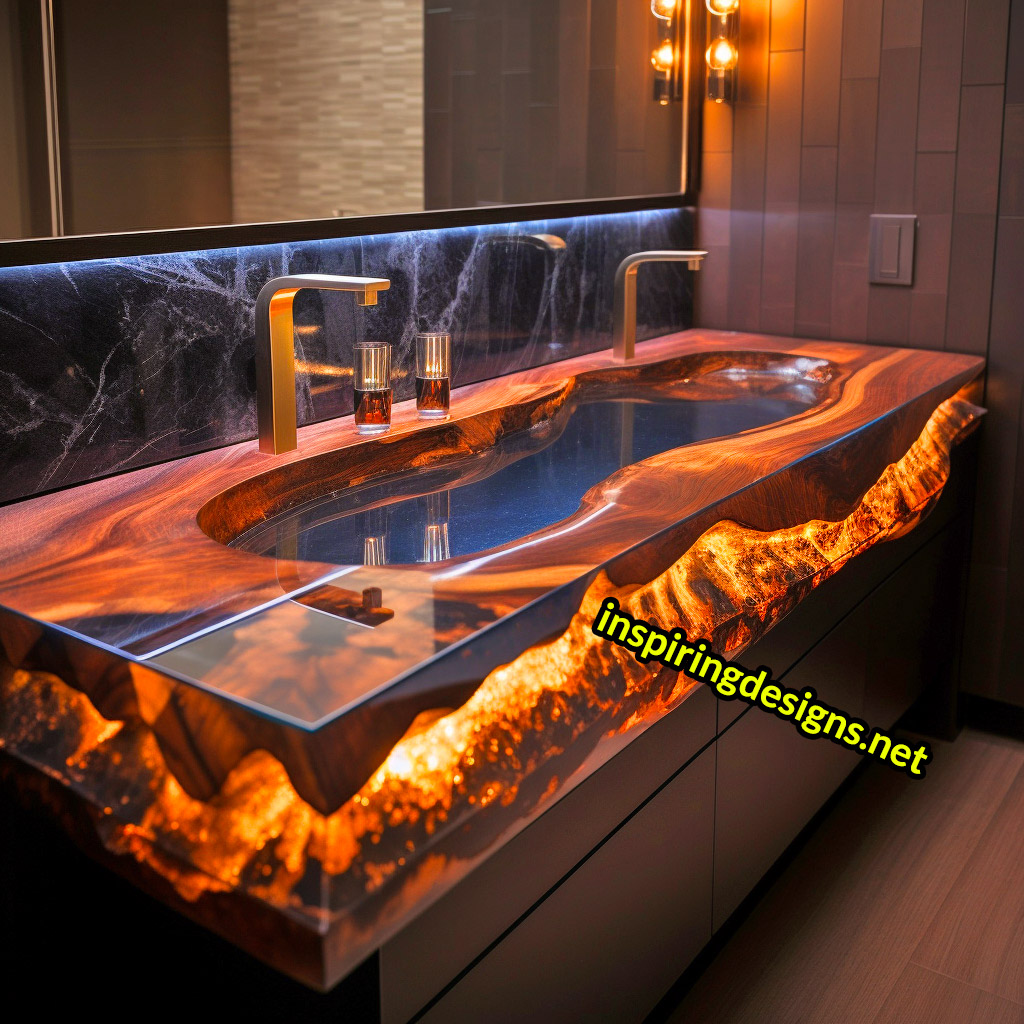 Ultra Luxury Bathroom Counters Made from Wood, Crystal, and Epoxy - Double sinks