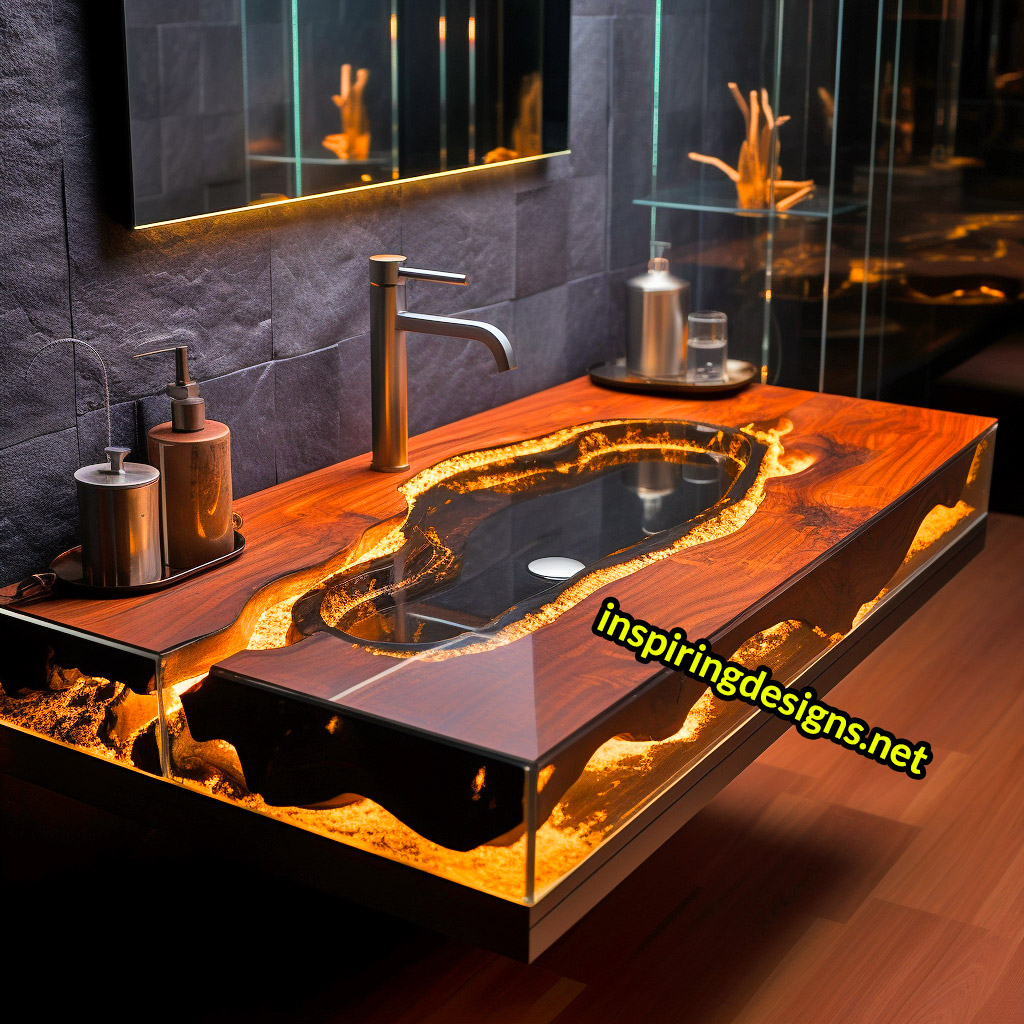 Ultra Luxury Bathroom Counters Made from Wood, Crystal, and Epoxy - Double sinks