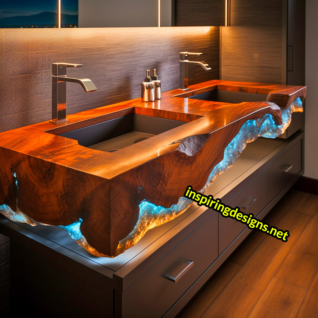 Ultra Luxury Bathroom Counters Made from Wood, Crystal, and Epoxy - Double sinks