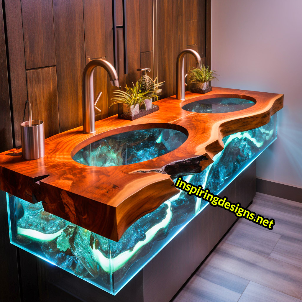 Ultra Luxury Bathroom Counters Made from Wood, Crystal, and Epoxy - Double sinks