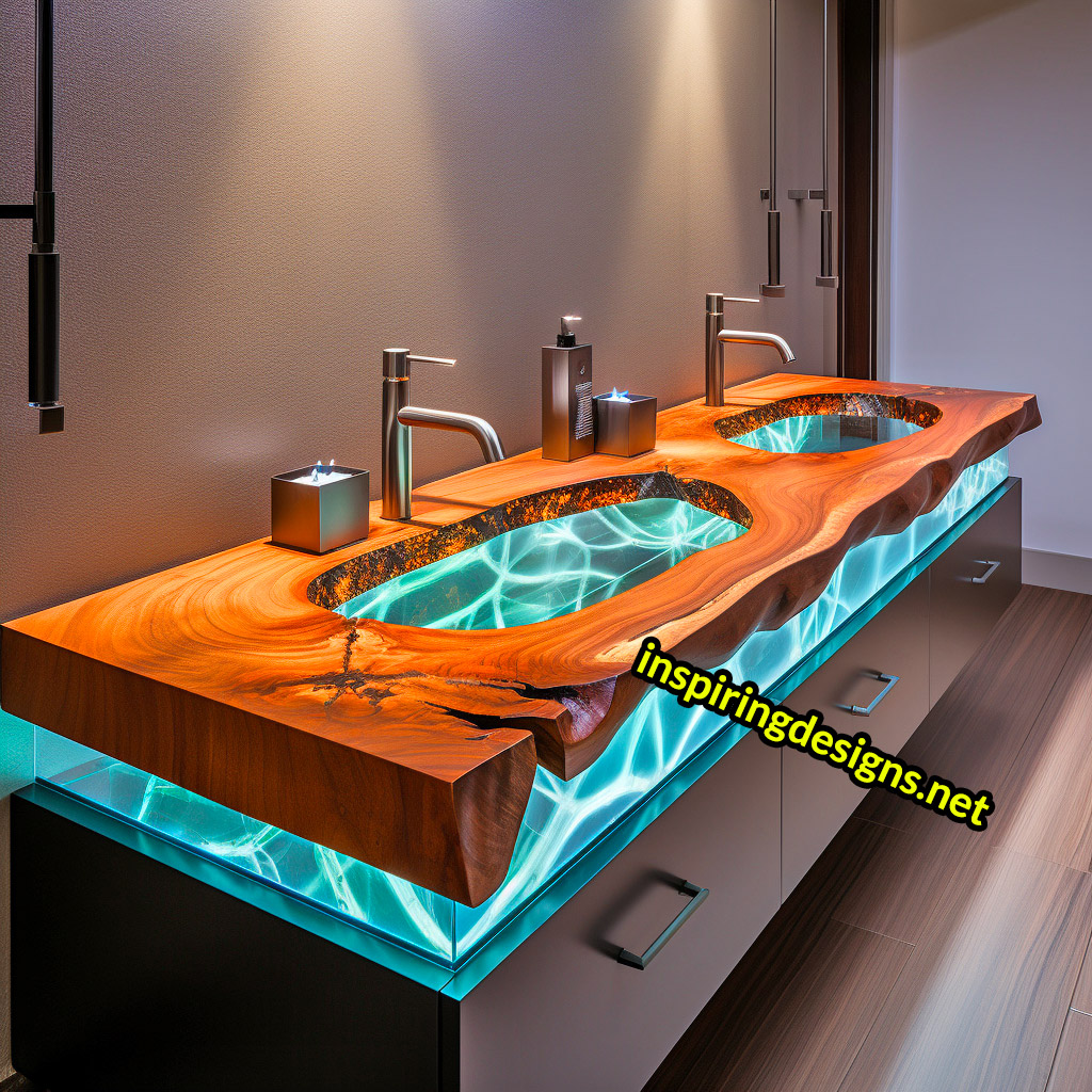 Ultra Luxury Bathroom Counters Made from Wood, Crystal, and Epoxy - Double sinks