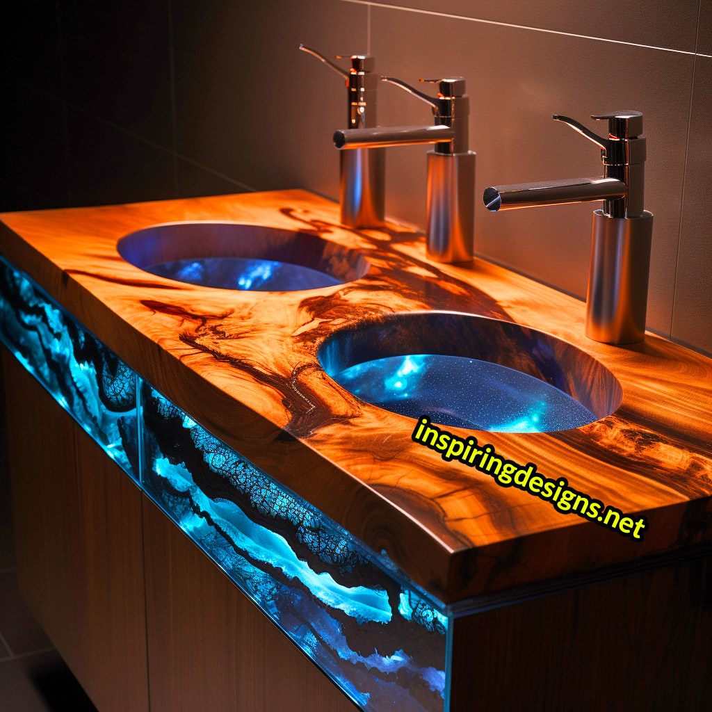 Ultra Luxury Bathroom Counters Made from Wood, Crystal, and Epoxy - Double sinks