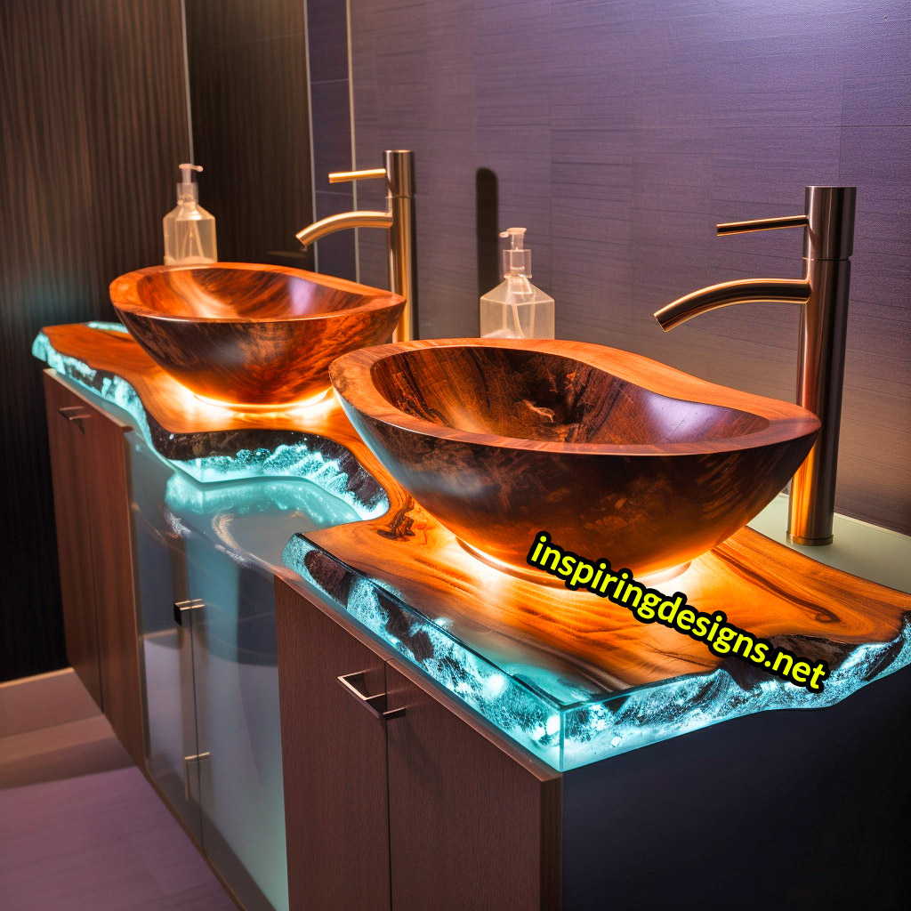 Ultra Luxury Bathroom Counters Made from Wood, Crystal, and Epoxy - Double sinks