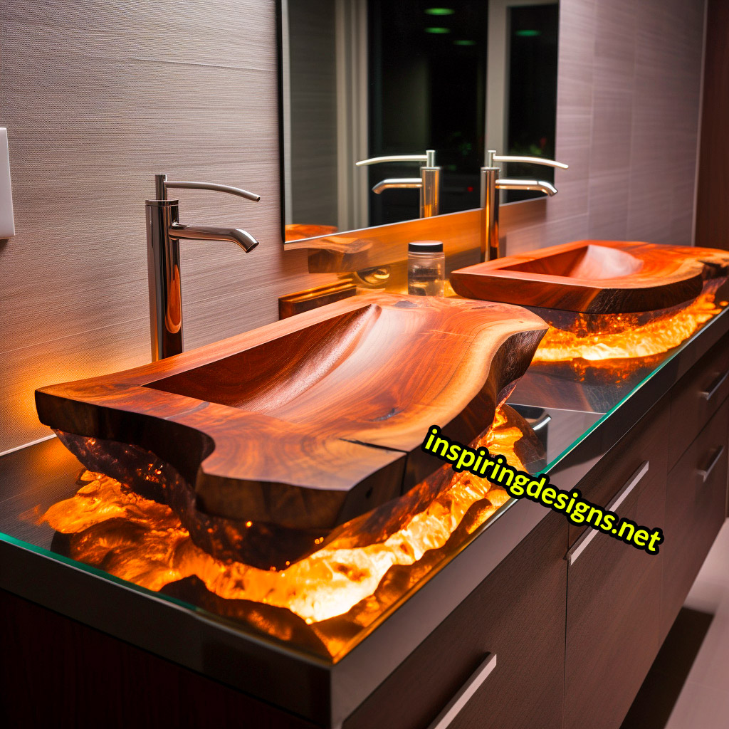 Ultra Luxury Bathroom Counters Made from Wood, Crystal, and Epoxy - Double sinks